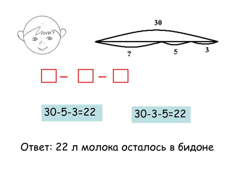 Ответ: 22 л молока осталось в бидоне 30-3-5=22