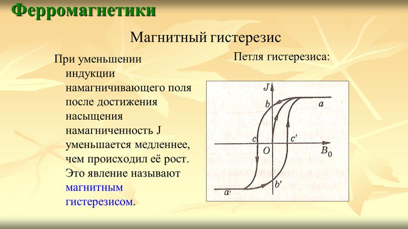 Ферромагнетики При уменьшении индукции намагничивающего поля после достижения насыщения намагниченность