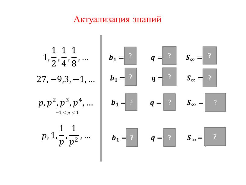 1, 1 2 , 1 4 , 1 8 ,… 𝒃 𝟏 =𝟏, 𝒒= 𝟏 𝟐 𝑺 ∞ =𝟐 27,−9,3,−1,… 𝒃 𝟏 =𝟐𝟕, 𝒒=− 𝟏…