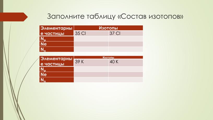 Заполните таблицу «Состав изотопов»