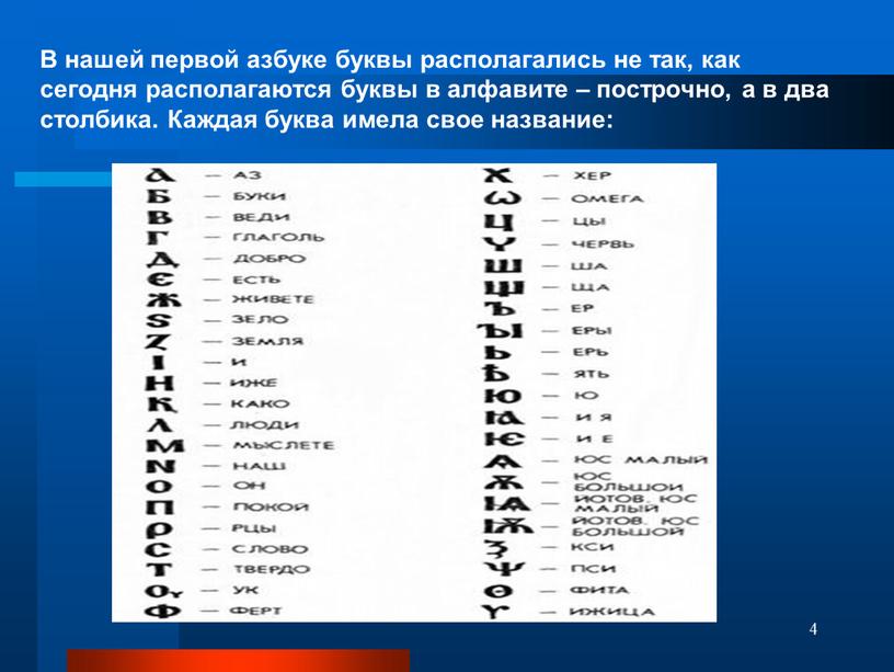 В нашей первой азбуке буквы располагались не так, как сегодня располагаются буквы в алфавите – построчно, а в два столбика