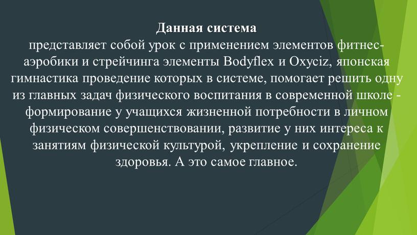 Данная система представляет собой урок с применением элементов фитнес-аэробики и стрейчинга элементы