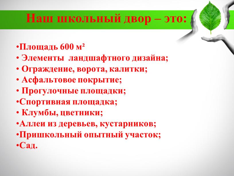 Наш школьный двор – это: Площадь 600 м²