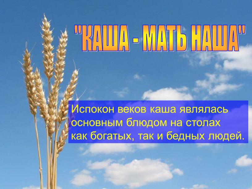 КАША - МАТЬ НАША" Испокон веков каша являлась основным блюдом на столах как богатых, так и бедных людей