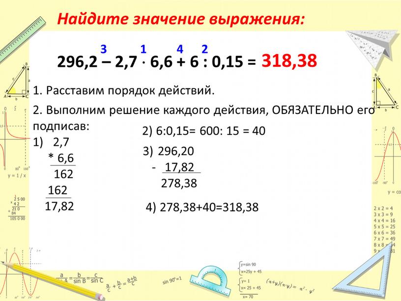 Найдите значение выражения: 296,2 – 2,7  6,6 + 6 : 0,15 = 3 1 4 2 1