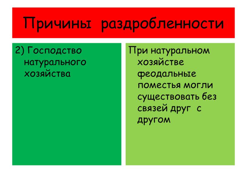 Причины раздробленности 2) Господство натурального хозяйства