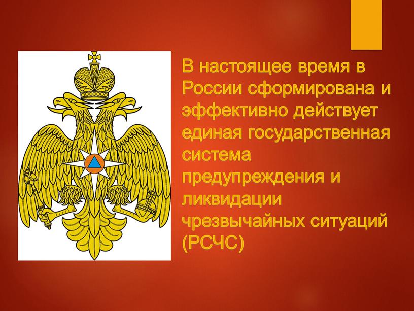 В настоящее время в России сформирована и эффективно действует единая государственная система предупреждения и ликвидации чрезвычайных ситуаций (РСЧС)