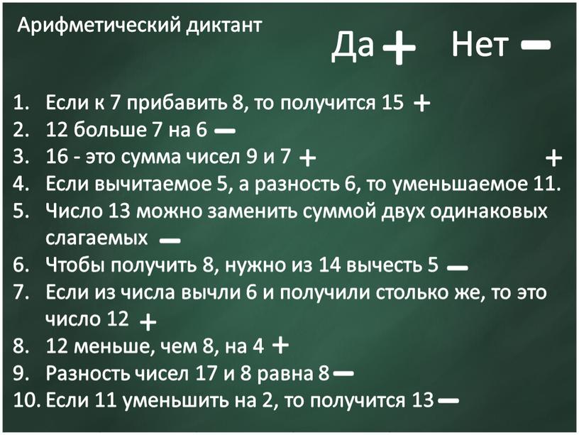 Арифметический диктант Если к 7 прибавить 8, то получится 15 12 больше 7 на 6 16 - это сумма чисел 9 и 7