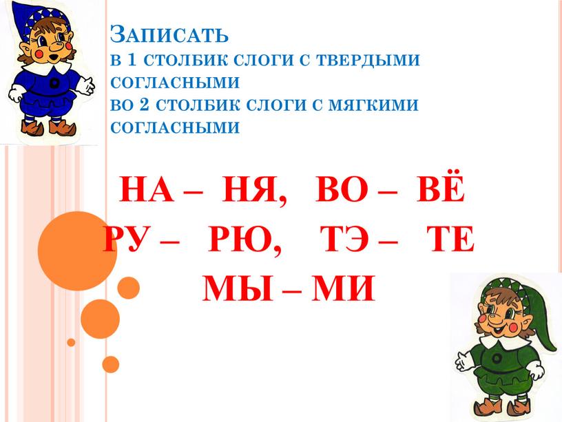 Записать в 1 столбик слоги с твердыми согласными во 2 столбик слоги с мягкими согласными