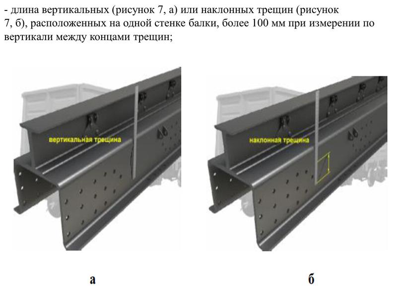 - длина вертикальных (рисунок 7, а) или наклонных трещин (рисунок 7, б), расположенных на одной стенке балки, более 100 мм при измерении по вертикали между…