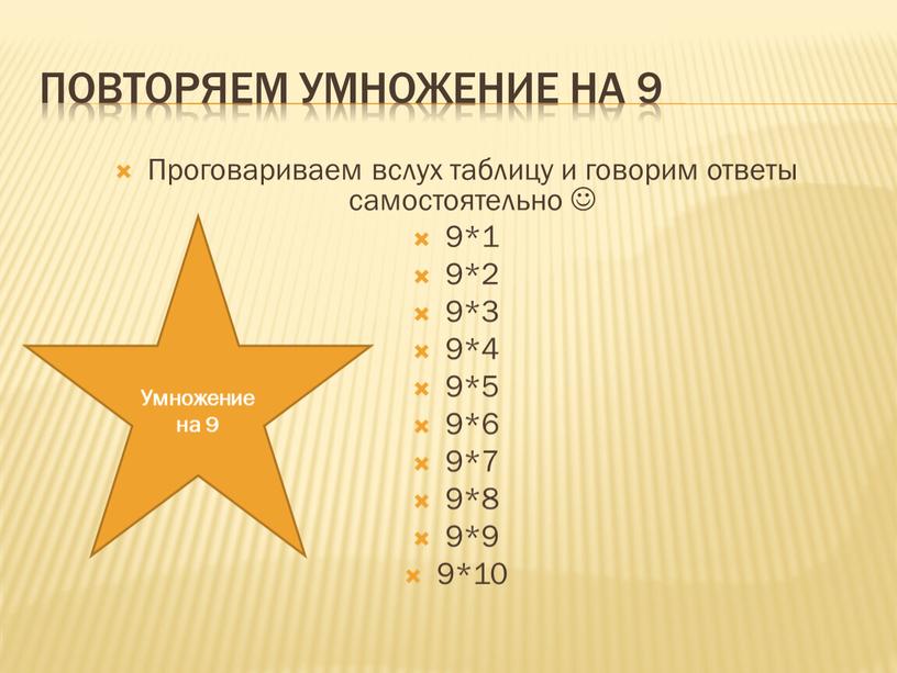 Повторяем умножение на 9 Проговариваем вслух таблицу и говорим ответы самостоятельно  9*1 9*2 9*3 9*4 9*5 9*6 9*7 9*8 9*9 9*10