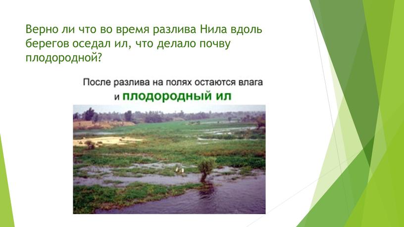 Верно ли что во время разлива Нила вдоль берегов оседал ил, что делало почву плодородной?