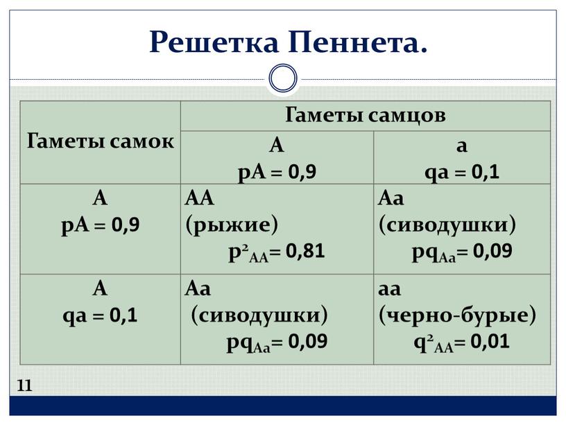 Гаметы самок Гаметы самцов А рА = 0,9 а qа = 0,1