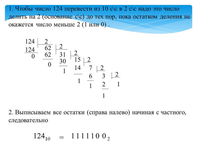 Чтобы число 124 перевести из 10 с\с в 2 с\с надо это число делить на 2 (основание с\с) до тех пор, пока остатком деления не…