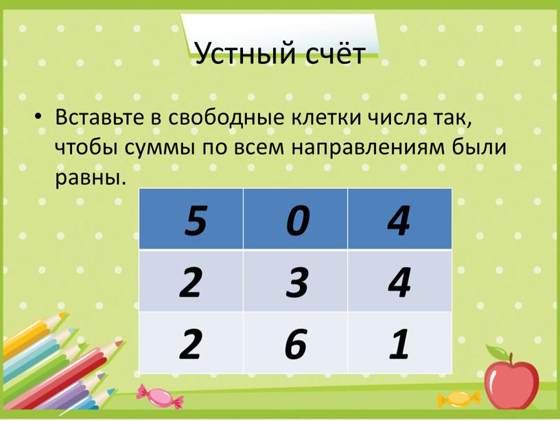 Устный счёт Вставьте в свободные клетки числа так, чтобы суммы по всем направлениям были равны