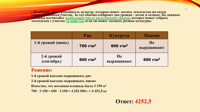 В таблице дана урожайность культур, которые может засеять земледелец на своем террасированном участке