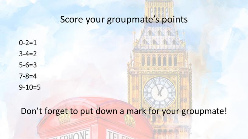 Score your groupmate’s points 0-2=1 3-4=2 5-6=3 7-8=4 9-10=5