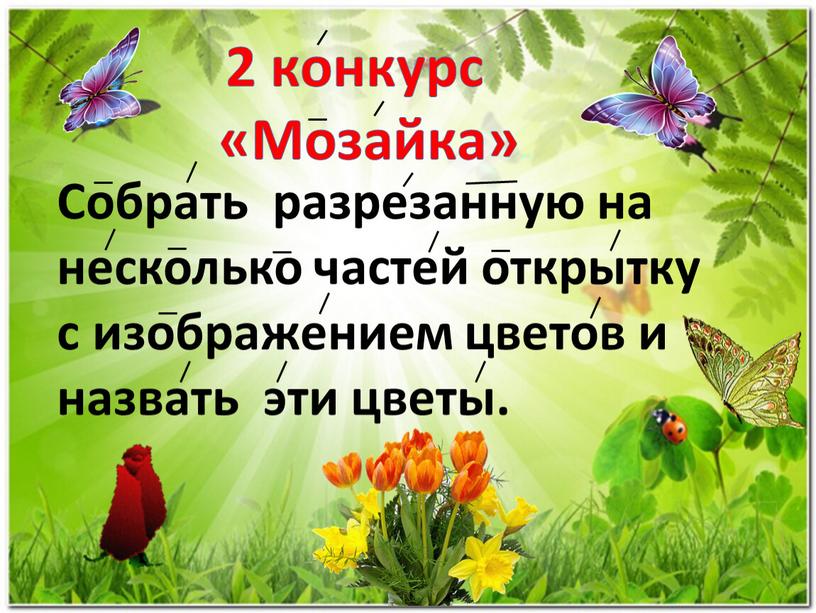 Мозайка» Собрать разрезанную на несколько частей открытку с изображением цветов и назвать эти цветы