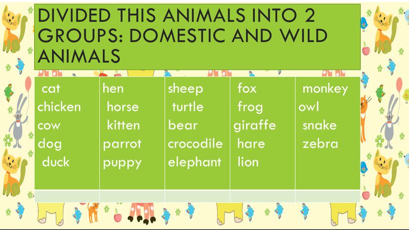 Divided this animals into 2 groups: domestic and wild animals cat chicken cow dog duck hen horse kitten parrot puppy sheep turtle bear crocodile elephant…