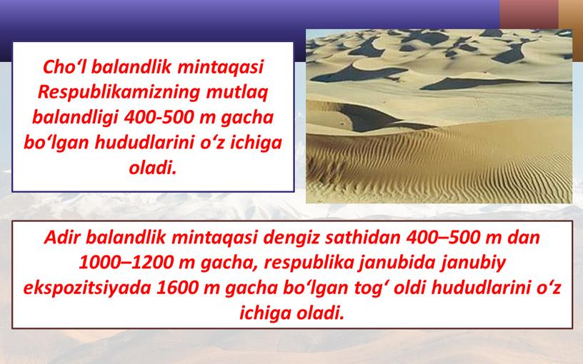 Cho‘l balandlik mintaqasi Respublikamizning mutlaq balandligi 400-500 m gacha bo‘lgan hududlarini o‘z ichiga oladi