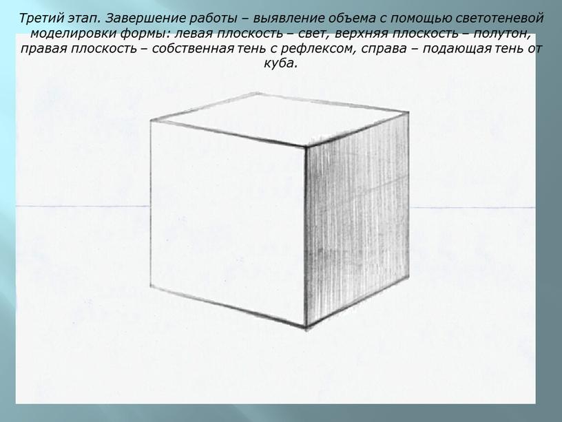 Третий этап. Завершение работы – выявление объема с помощью светотеневой моделировки формы: левая плоскость – свет, верхняя плоскость – полутон, правая плоскость – собственная тень…