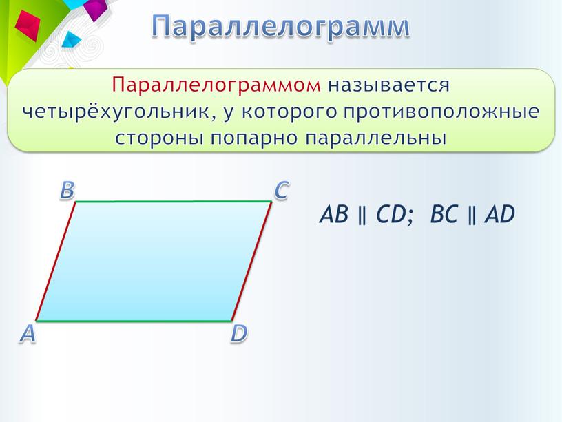 Параллелограмм Параллелограммом называется четырёхугольник, у которого противоположные стороны попарно параллельны