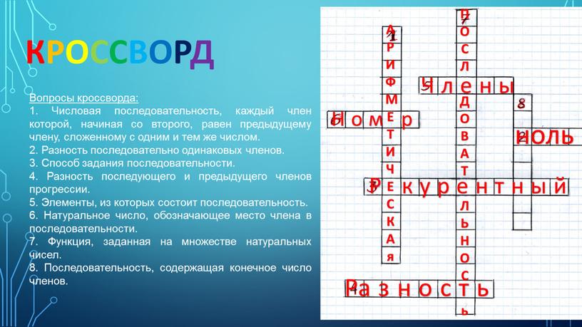 Вопросы кроссворда: 1. Числовая последовательность, каждый член которой, начиная со второго, равен предыдущему члену, сложенному с одним и тем же числом