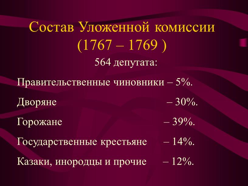 Состав Уложенной комиссии (1767 – 1769 ) 564 депутата: