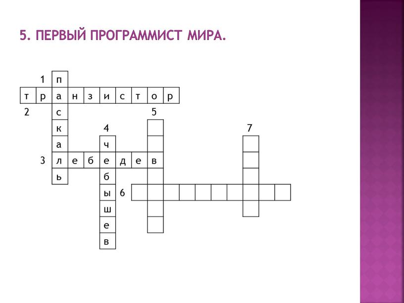 Первый программист мира. 1 п т р а н з и с т о р 2 с 5 к 4 7 а ч 3 л…