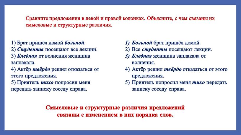 Сравните предложения в левой и правой колонках