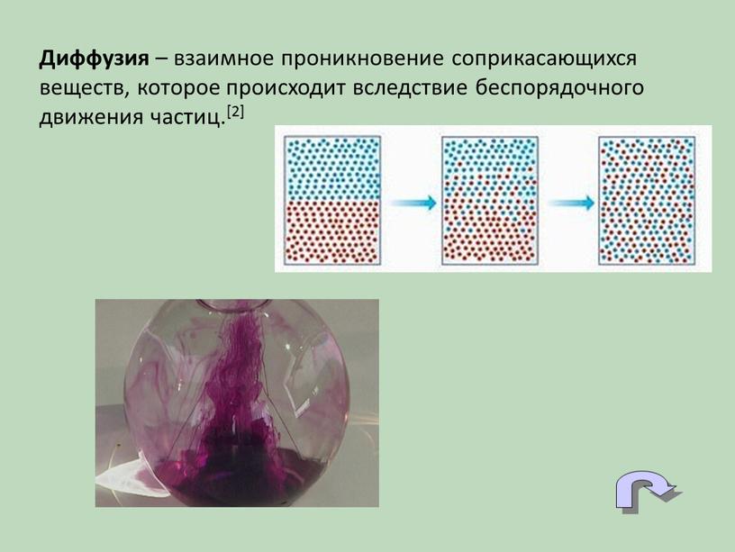 Диффузия – взаимное проникновение соприкасающихся веществ, которое происходит вследствие беспорядочного движения частиц