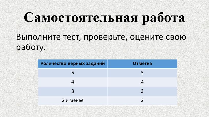 Самостоятельная работа Выполните тест, проверьте, оцените свою работу