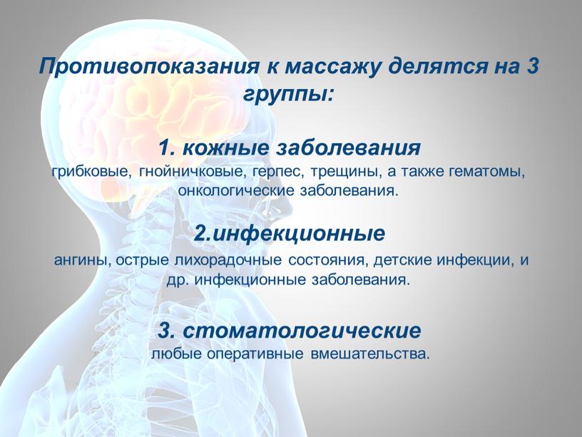 Противопоказания к массажу делятся на 3 группы: 1