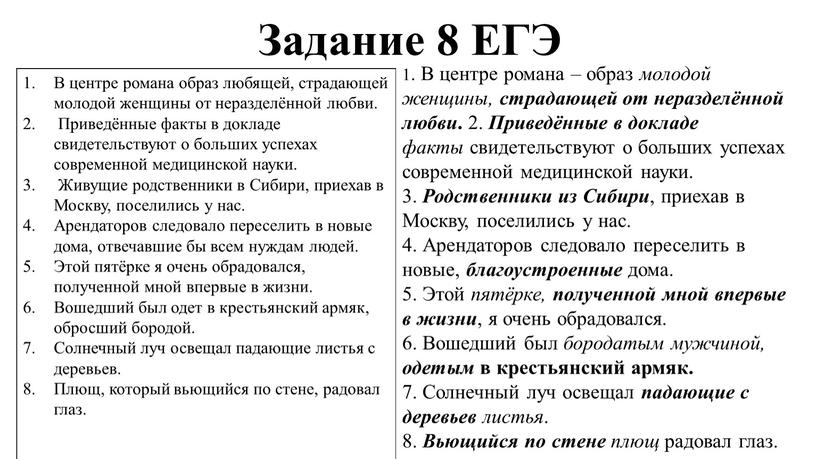 Задание 8 ЕГЭ В центре романа образ любящей, страдающей молодой женщины от неразделённой любви