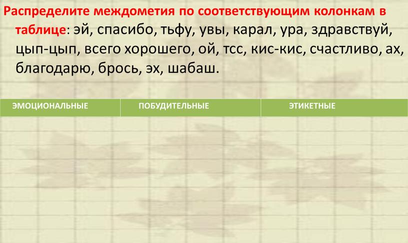 Распределите междометия по соответствующим колонкам в таблице : эй, спасибо, тьфу, увы, карал, ура, здравствуй, цып-цып, всего хорошего, ой, тсс, кис-кис, счастливо, ах, благодарю, брось,…