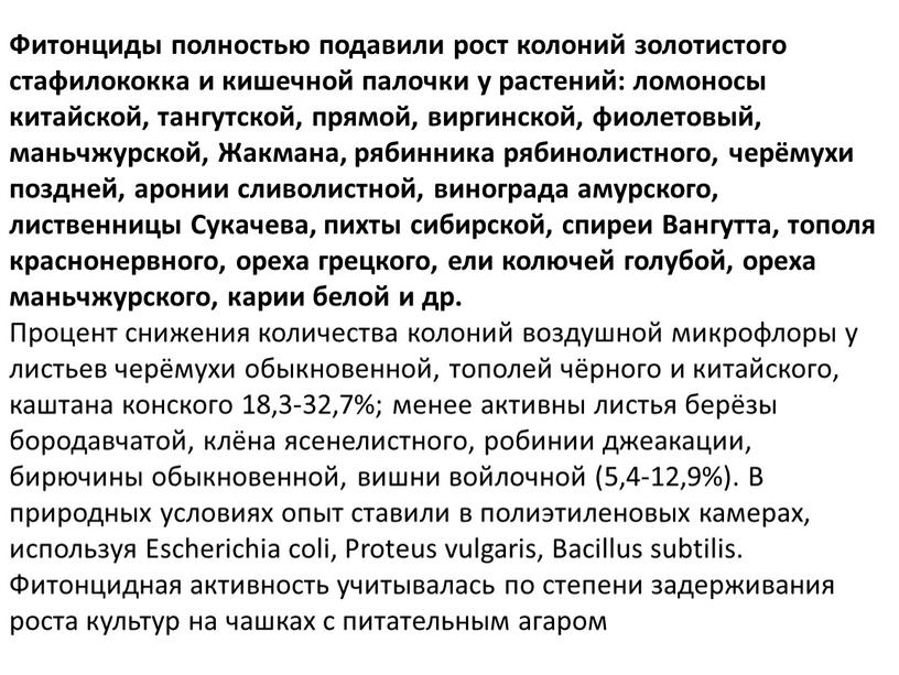 Фитонциды полностью подавили рост колоний золотистого стафилококка и кишечной палочки у растений: ломоносы китайской, тангутской, прямой, виргинской, фиолетовый, маньчжурской,