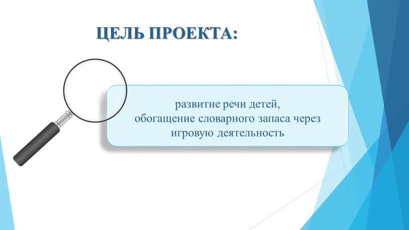 ЦЕЛЬ ПРОЕКТА: развитие речи детей, обогащение словарного запаса через игровую деятельность