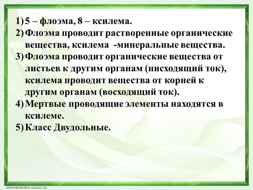 Флоэма проводит растворенные органические вещества, ксилема -минеральные вещества