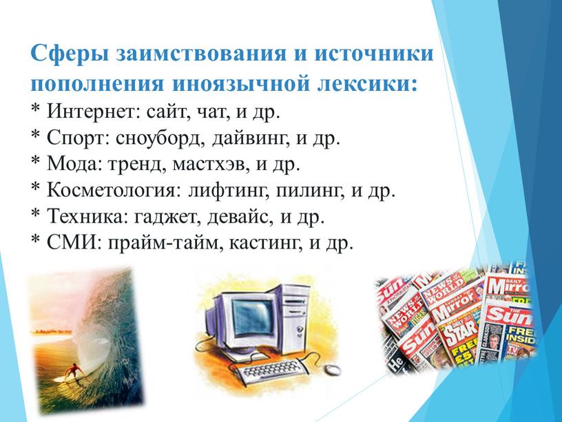 Сферы заимствования и источники пополнения иноязычной лексики: *