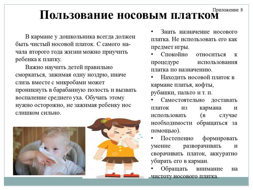 Пользование носовым платком В кармане у дошкольника всегда должен быть чистый носовой платок