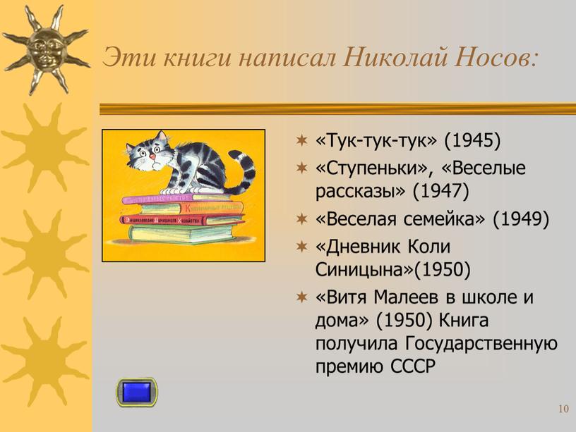 Эти книги написал Николай Носов: «Тук-тук-тук» (1945) «Ступеньки», «Веселые рассказы» (1947) «Веселая семейка» (1949) «Дневник