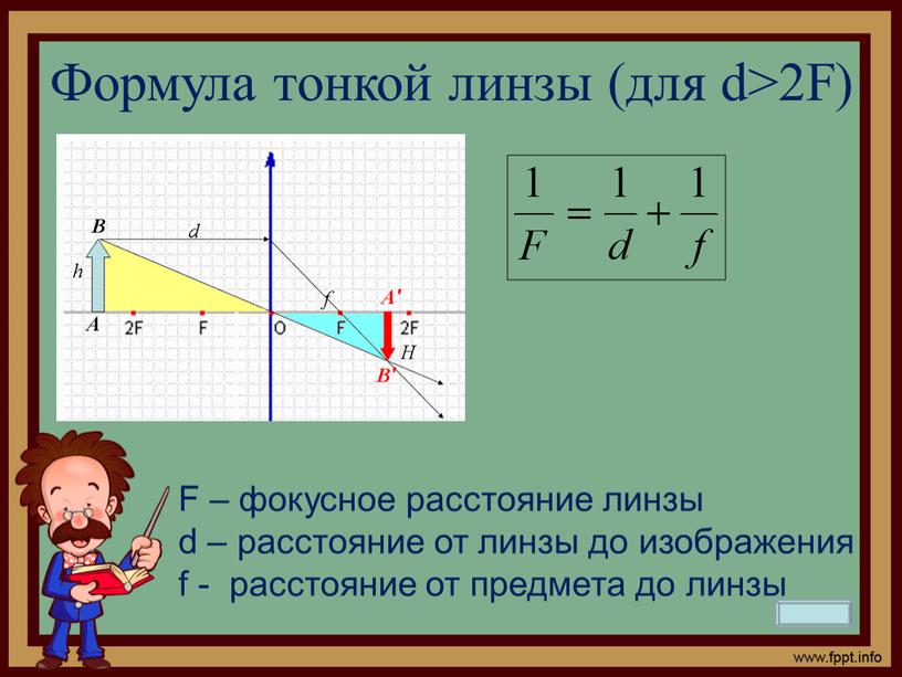 Формула тонкой линзы (для d>2F)