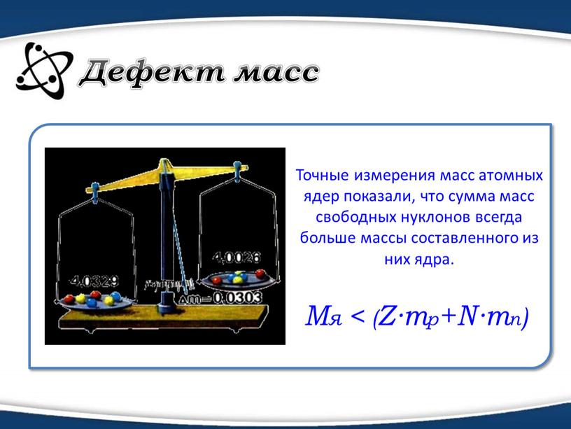 Дефект масс Mя < (Z∙mp+N∙mn) Точные измерения масс атомных ядер показали, что сумма масс свободных нуклонов всегда больше массы составленного из них ядра