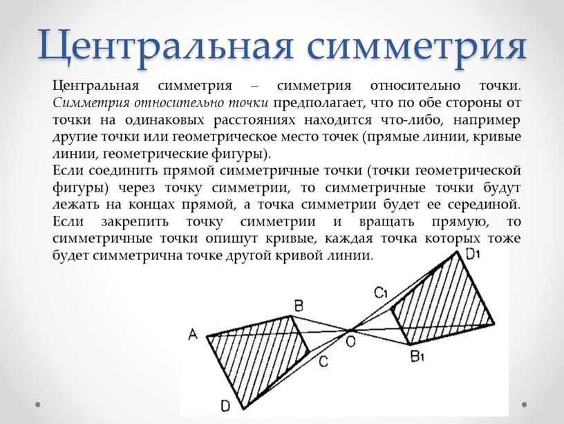 Центральная симметрия Центральная симметрия – симметрия относительно точки