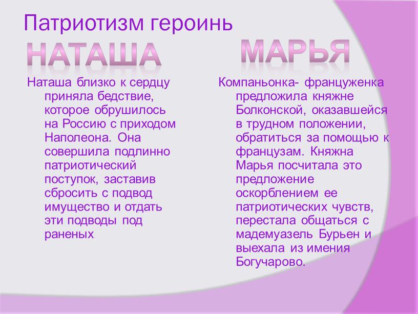 Патриотизм героинь Наташа близко к сердцу приняла бедствие, которое обрушилось на