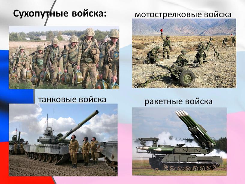 Сухопутные войска: специальные войска и службы мотострелковые войска танковые войска ракетные войска