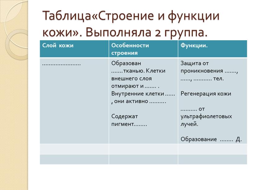 Таблица«Строение и функции кожи»