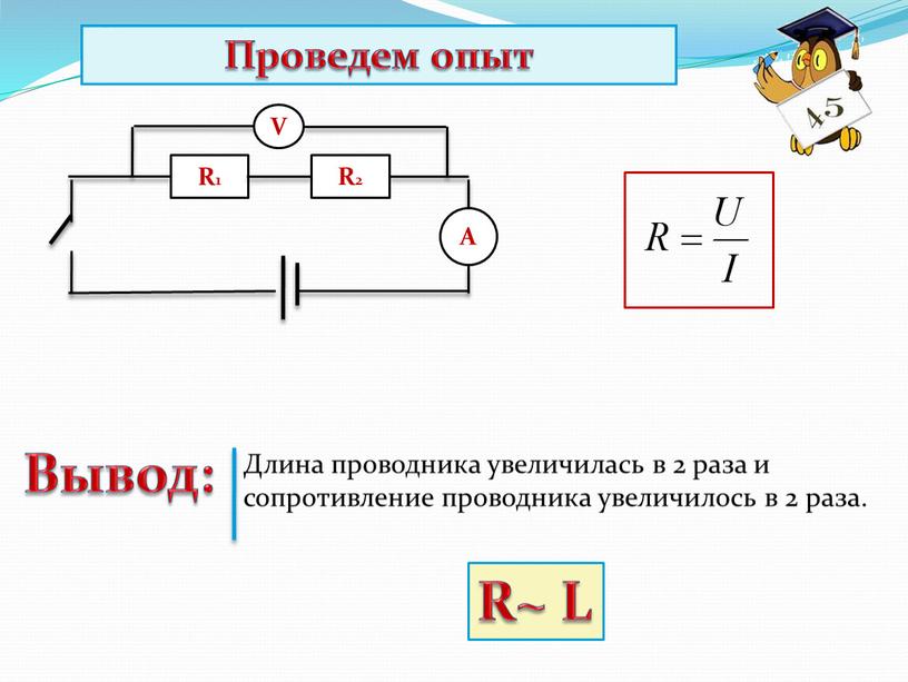 R1 А V R2 Вывод: Длина проводника увеличилась в 2 раза и сопротивление проводника увеличилось в 2 раза