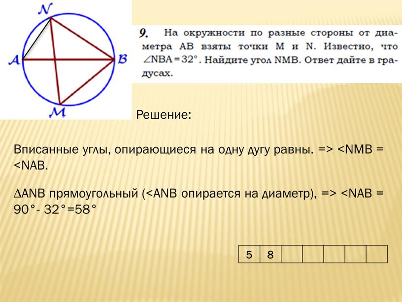 Решение: 5 8 Вписанные углы, опирающиеся на одну дугу равны