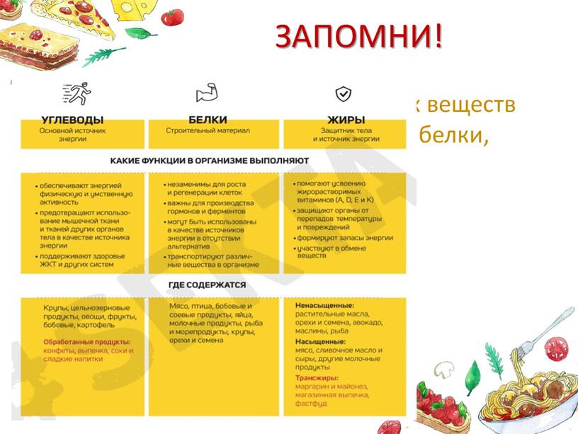 ЗАПОМНИ! Продукты по составу питательных веществ делятся на три основные группы: белки, жиры и углеводы